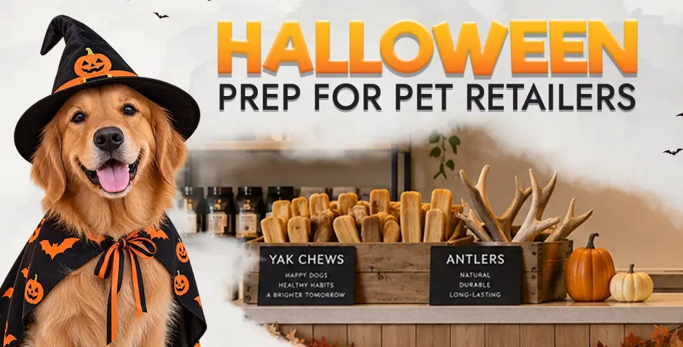 Golden Retriever in a Halloween costume beside a pet store display of yak chews, antlers, and pumpkins for Halloween pet retail preparation.